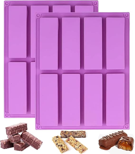 8 Cavity Large Rectangle Chocolate Bar Mould Cereal Energy Bar Moulds, 2PCS Granola Bar Silicone Molds, Reusable Baking Pan for Baking Nutrition Bar Brownie Cheesecake Bread Pudding Soap Truffles