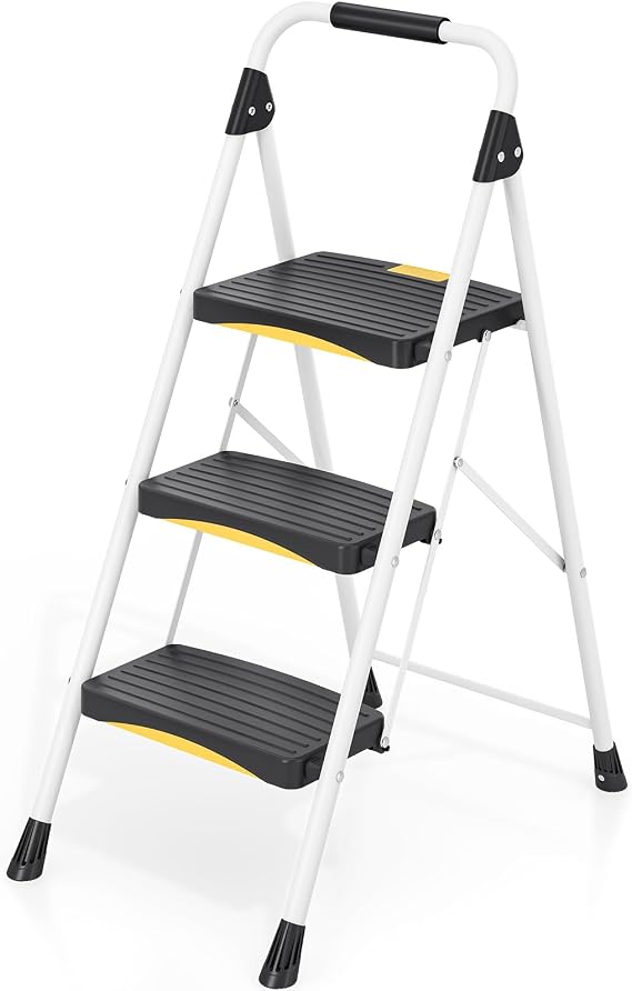 Urackify Folding 3 Step Ladder, Heavy-Duty Step Stool 330lbs Capacity