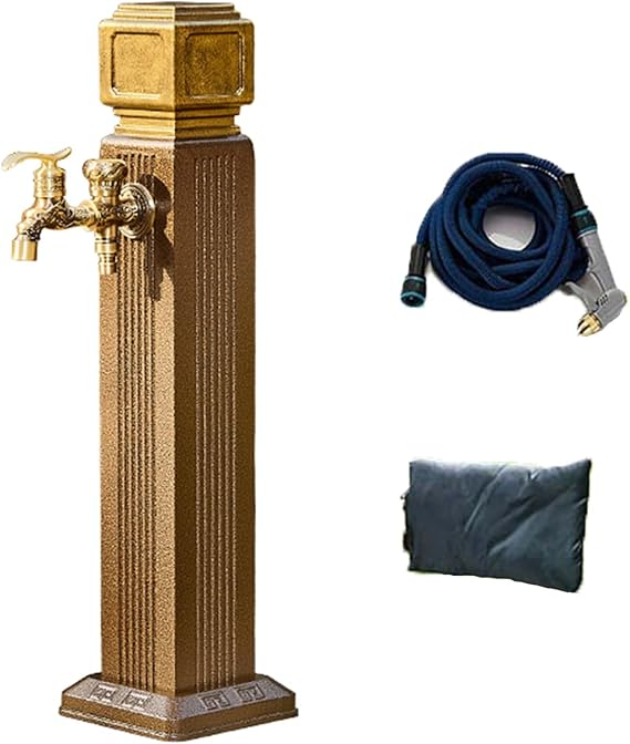 Standing Square Garden Water Column, Fountain Water Dispenser with Hook and All-Copper Faucet, Aluminum Alloy Outdoor Courtyard Faucet Post(Gold,65cm/26in)