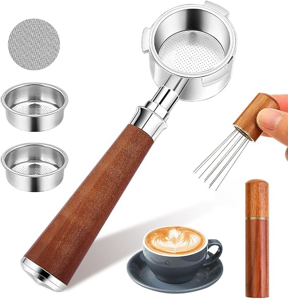 51mm Bottomless Portafilter 3 Ears, Professional Espresso Portafilter with 2 Filter Baskets, WDT Tool, Puck Screen,Metal Base, Solid Wood Handle for De-longhi Dedica EC680 EC685 EC785 EC820