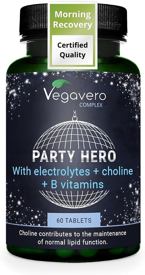 Vegavero Party Hero | Natural Recovery Supplement | 60 Tablets | Electrolyte and Vitamin Rebound | Choline Bitartrate Liver Protection* | Vegan