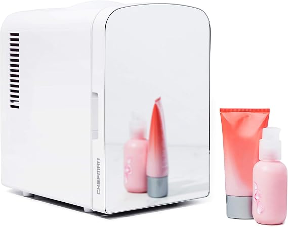 Iceman Portable Mirrored Personal Fridge 4 Litre Mini Refrigerator, Skin Care, Makeup Storage, Beauty, Serums and Face Masks, Small for Desktop Or Travel, Cool & Heat, Cosmetic Application, White