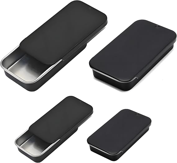 4-Piece Black Slide-Top Metal Tins, 9.1 cm x 6.1 cm x 2 cm