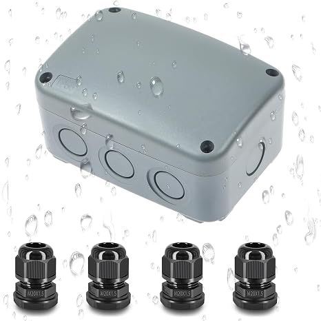 Waterproof Junction Box with 4-Pack M20*1.5mm Cable Glands Set, Nineleaf Junction Box Waterproof Outdoor IP66, PC ABS Plastic, 125x86x62mm, Gray