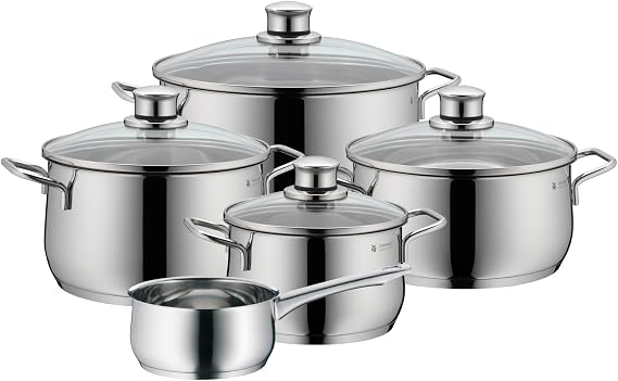 WMF Diadem Plus 9-Piece Cookware Set, Stainless Steel Suitable for Induction, 1 Low Saucepan 20 cm, 3 Saucepans 16 cm, 20 cm and 24 cm, 1 Saucepan 16 cm with 4 Glass Lids