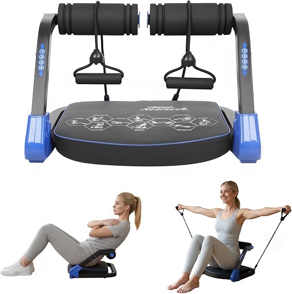 Abdominal Trainer with Resistance Ropes, Compact Sit Up Exercise Equipment, 4 Level Resistance, Automatic Rebound, Foldable Portable Core Workout Machine for Home Gym Abs Training