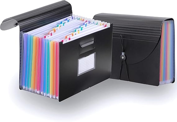 Document Folder A4 – 12-Pocket Accordion File Organizer – Holds Up to 1,500 Sheets – Durable Expanding File Folder with Color Tabs – Document Case for Office, School, College & Home – Black