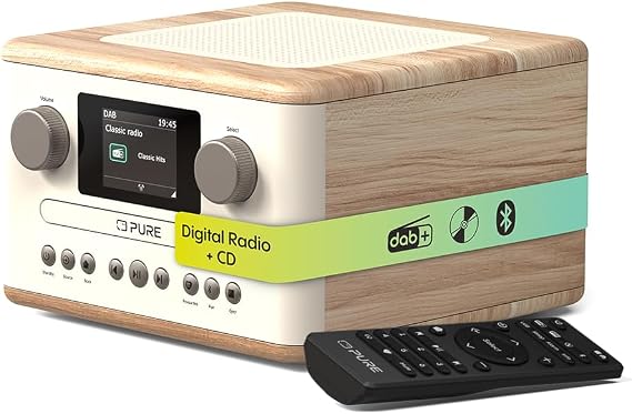 Pure Classic C-D4 – DAB Radio with CD Player Mains Powered Bluetooth 5.3 USB & AUX Colour Display 15 W Speaker Dual Alarms Sleep & Kitchen Timers Remote Control – Cotton White/Oak