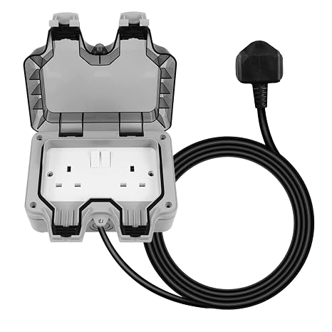Outdoor Socket Waterproof Double Plug with Extension Lead External 2 Gang Switched Socket Cover Wall Electrical Outlet IP66 13Amp Weatherproof (10M)