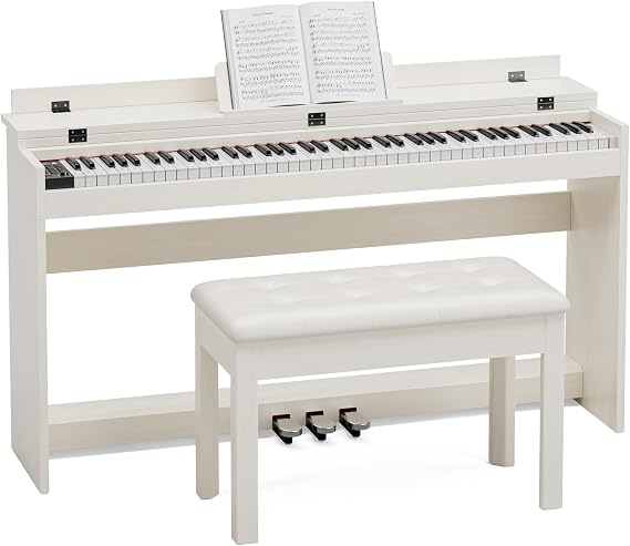 88 Key Weighted Full Size Digital Piano Keyboard,Triple Pedal& Dust Cover Design,Hammer Action Electric Piano Includes Duet Piano Bench,Warm White