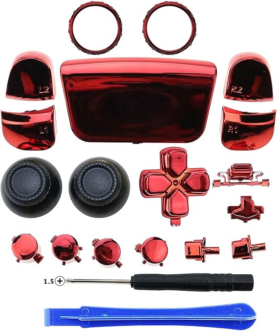 Chrome ABXY Dpad Trigger Button Replacement Button with Mod Kit + Accent Ring Tool for Sony PS5 Controller Chrome Red