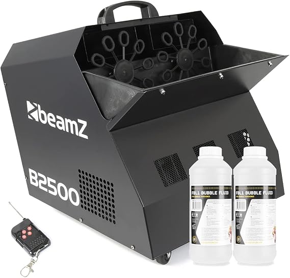 beamz B2500 Professional Bubble Machine & 2L Fluid - Twin Fan DJ Bubble Maker with Dual Wands, Wireless Remote, High Capacity Tank for DJs, Events, Entertainment