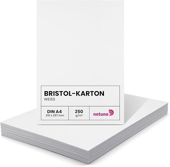 Netuno Bristol A4 210 x 297 mm 250 g White Paper Plain Rigid Paper for Crafts, Drawing, Printing, Cards, Presentations and Creative Projects, Pack of 100