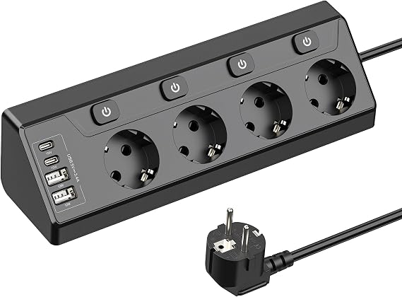 Corner Socket 4-Way Individually Switchable with 4 USB 2 m Cable Black