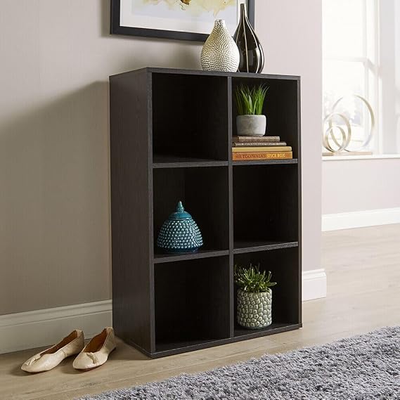 Home Source Storage Cube 6 Shelf Bookcase Wooden Display Unit, Black, 90cm