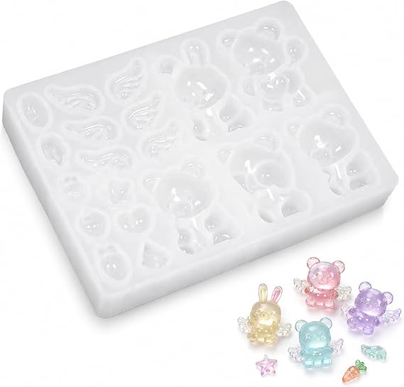 Solvind 3D Bear & Rabbit Silicone Resin Molds, Multi-Cavity DIY Craft Molds for Keychains Earrings Brooches Hairpins Jewelry Making & Resin Art Projects