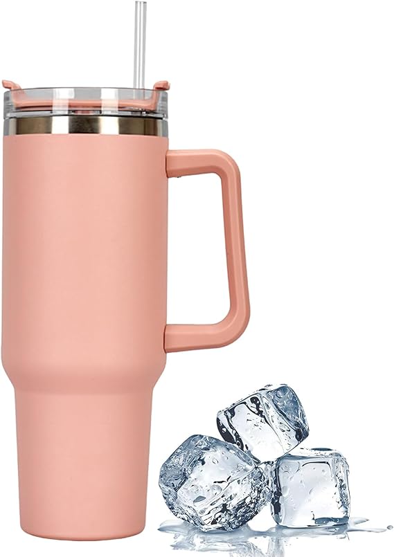 1182ml Travel Mug 40oz Tumbler with Straw and Lid, Stainless Steel Double Wall Vacuum Insulated Coffee Mug for Hot and Cold Coffee, Travel Mug with Handle, Coffee Mug for On The Go Pink