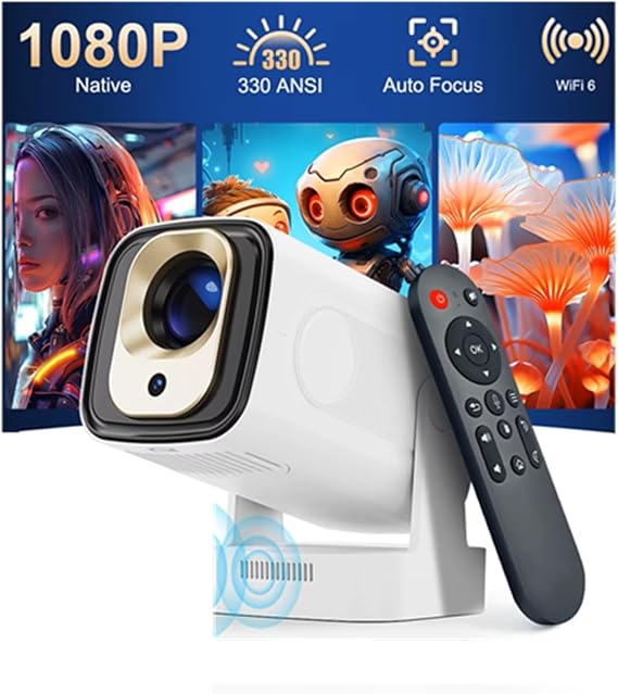 HY310 Auto Focus Mini Projector Native 1080P 330ANSI 4K Android 14 With Wifi6 BT5.4 Air Mouse Voice Video Outdoor Movie