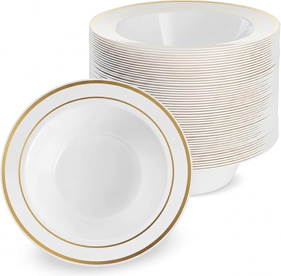 Luxia 20Pcs Premium Gold Rim Plastic Bowls – Durable & Reusable Heavy Duty White Tableware – Elegant Soup & Dessert Bowls for Weddings, Catering, Buffets, BBQ, Birthdays, and Parties(White & Gold)