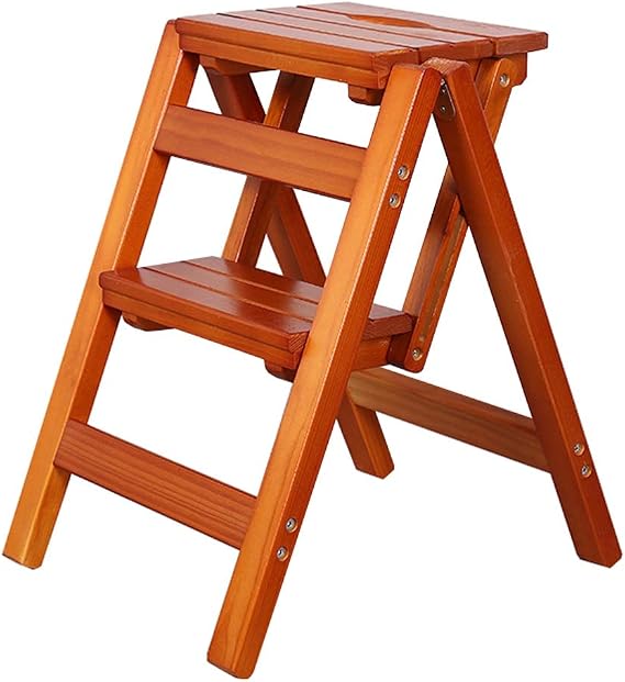 Wooden Ladder Chair for Kitchen Office Library Household Folding 2-Step Ladder Stool Multi-Function Step Stool Stair Chair Indoor Climb Step Ladder, 150 kg Capacity Color: Walnut