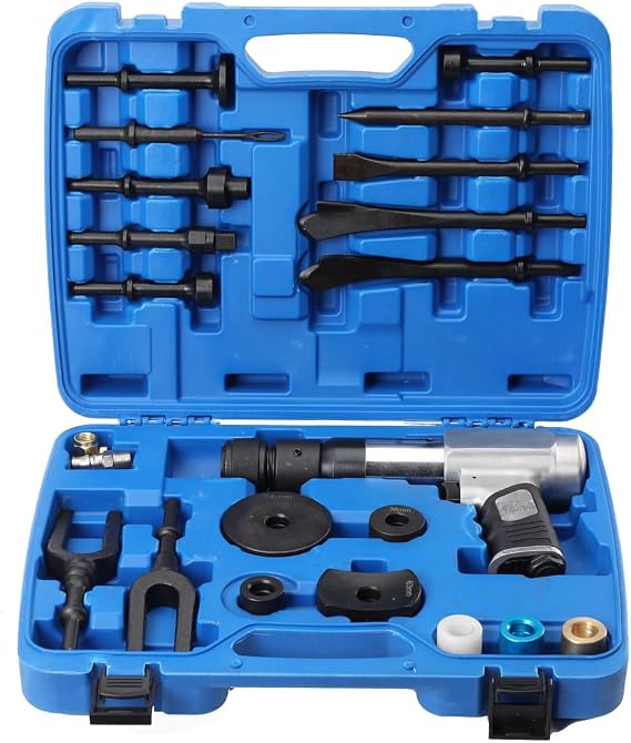 Air Hammer Chisel Kit, Heavy Duty Vibration Impact Air Pneumatic Hammer Handheld Chassis Repair Set for Motor Vehicles and Workshop Vehicles, with Carrying Case