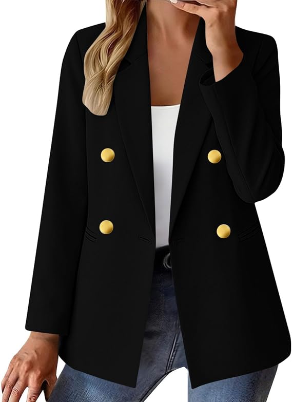 Blazers for Women UK Double Breasted Blazer Ladies Elegant Plain Suit Jacket Classic Notched Lapel Business Casual Blazers for Work Office Formal Jackets Open Front Cardigan Coat with Gold Buttons