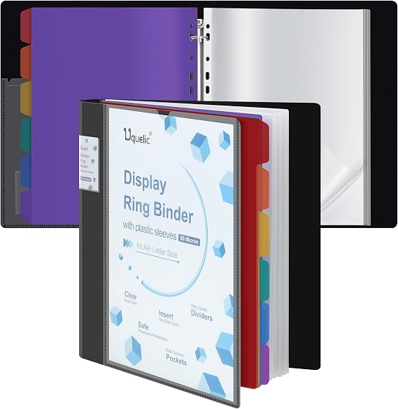 Uquelic Presentation Ring Binder, A4 Display Folder with 50 Punched Pockets and 6 Colorful PP Divider Pages, Folder File Plastic Sleeves for Documents, Certificates, Personalise The Front Cover