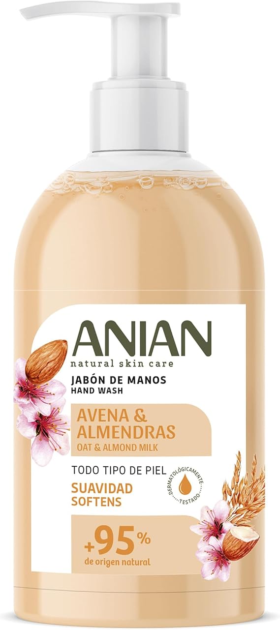 ANIAN - Oatmeal & Almond Hand Soap 500ml for Sensitive Skin with Oat Milk and Almond, Soothes and Moisturizes Skin, Softer Hands, + 95% Naturally Sourced Ingredients