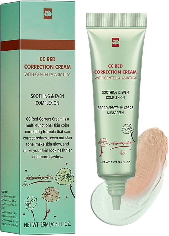 CC Cream Foundation Red Correct with Centella Asiatica - Lightweight CC Cream Skin Perfector Moisturiser - Covering Complexion Color Corrector - Hydrated Skin Green Concealer for Face with SPF25