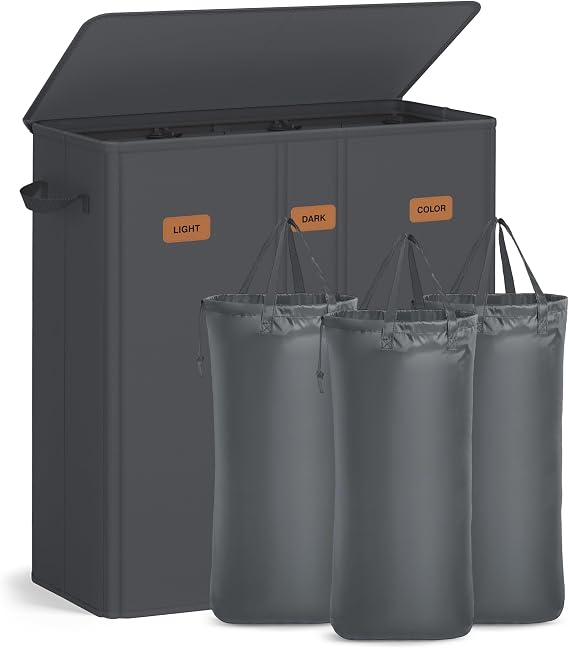 SONGMICS 3-Compartment Laundry Basket, 42.2-Gallon (160 L) with Lid