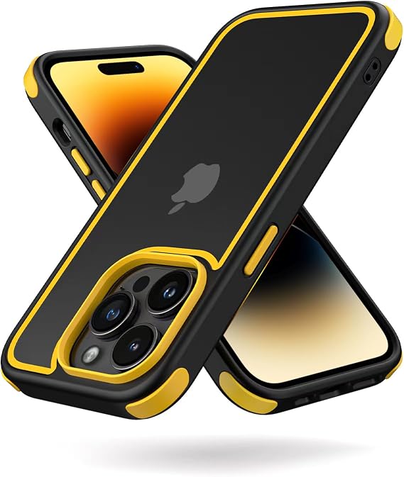 MobNano iPhone 14 Pro Max用ケース、マルチカラー耐衝撃落下防止バンパーケース、黄変防止クリアバックケース - ブラック/イエロー