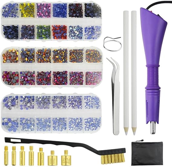 Hot Fix Rhinestone Applicator Tool DIY Wand Setter Toolkit with 7 Different Size Tips, Tweezers & Brush Cleaning Kit 3 Pack Hot Fix Crystal Rhinestone Purple