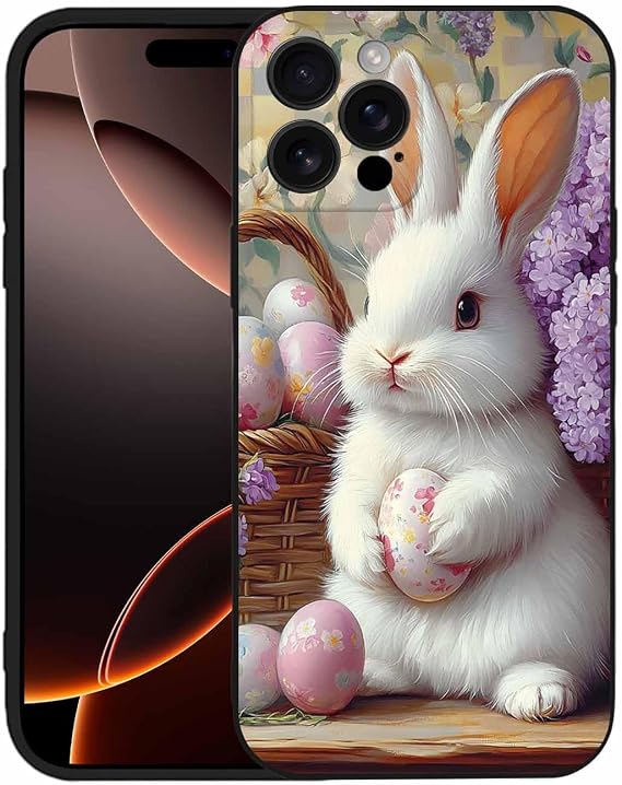 for iPhone 15 Case, Easter Cute Bunny Eggs Flowers Premium Silicone Soft Anti-Scratch, Shockproof Anti-Fingerprint Protective Phone Case for Men Women, Black