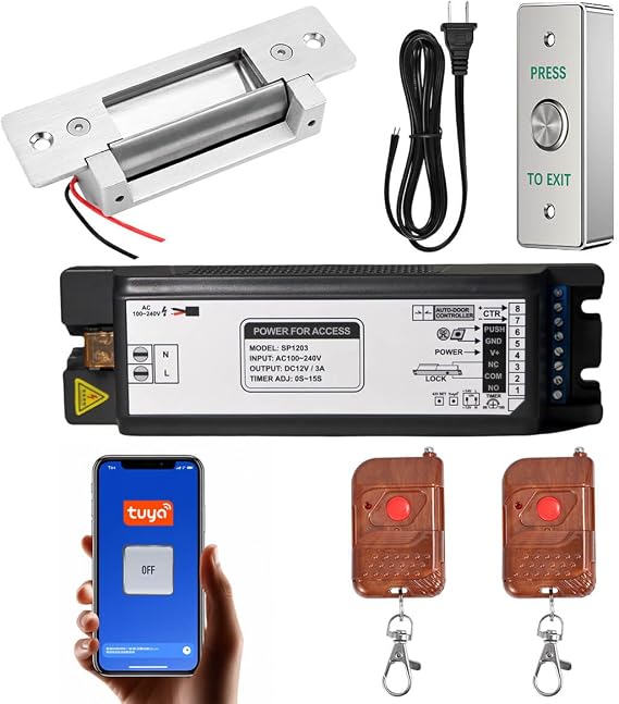 Smart Door Access Control System Electric Strike Lock Kit with Tuya App & Remote Control Stainless Steel Exit Button