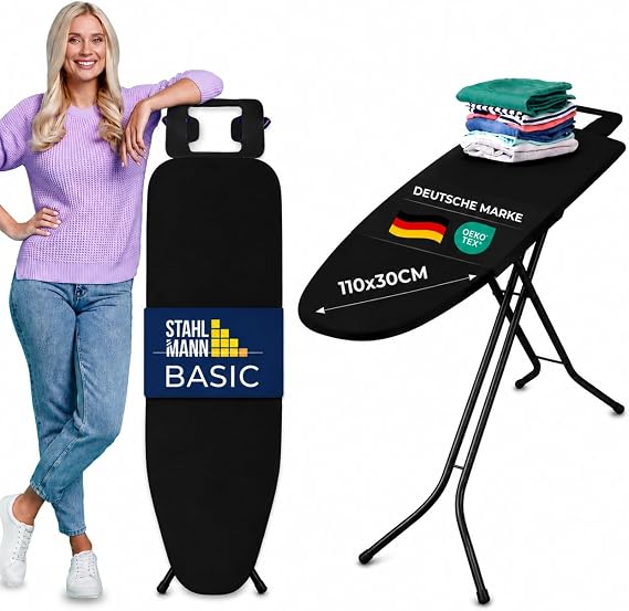 STAHLMANN® Ironing Board Black [110 × 30 cm] Height-Adjustable Foldable