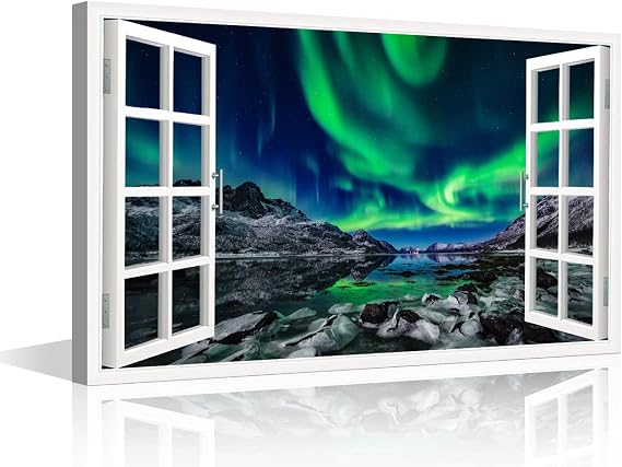 TISHIRON 3D Window View Wall Art Aurora Scenery Painting on Canvas Fake Window Wall Decorations for Living Room Stretched and Framed Bedroom Wall Decor Ready to Hang for Office Home Decor 16x24inch