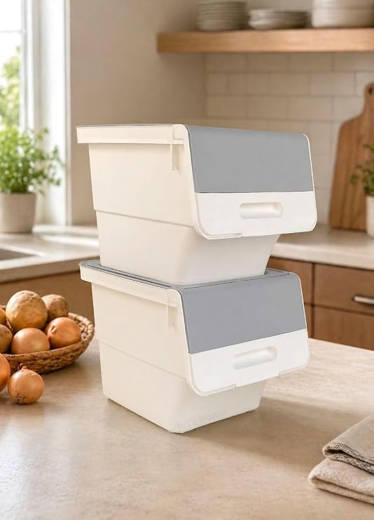 2'li Patates Soğan Sepeti Beyaz-Gri Tekerlekli Kapaklı Havalandırmalı 24 Litre Sebzelik Organizer