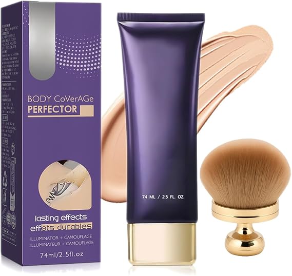 All Over Complexion Perfector with Body Makeup Brush, Full Body Coverage Perfector, Tattoo Cover up Cream, Waterproof Long-Lasting Sweat-Proof Coverage Concealer for Body Legs (1 set)