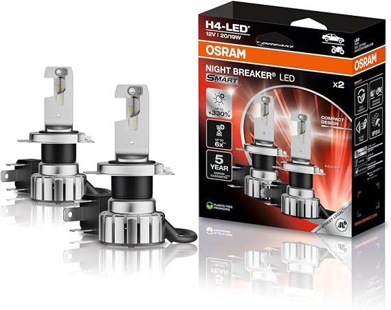Osram Night Breaker LED Smart H4 up to 330% more Brightness 6000 K 12 V LED High Beam and Dipped Headlights with Road Approval White [Energy Class A]