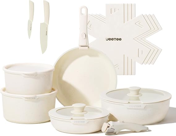 JEETEE Pots and Pans Sets Non Stick 17pcs with Detachable Handle Beige