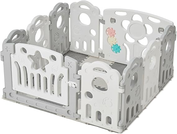 Baby Playpen with Foam Mat & Activity Toys, 10 Panel Plastic Play Pen for Babies & Toddlers, Modular Safety Play Yard for Indoor & Outdoor Use, Grey & White (46"x46")