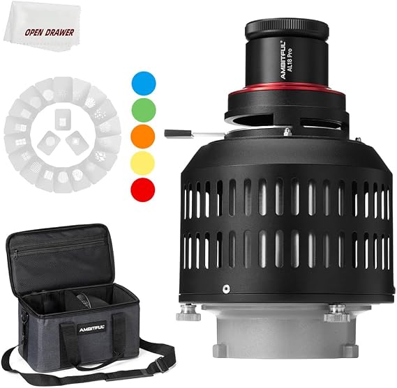 AMBITFUL AL-18 Pro Projector LED Light Snoot, Bowens Mount Optical Snoot Light Cylinder, Spotlight for Photography, with 40 Pcs GOBO + Bag