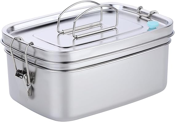 DOCBLACK Silver Lunch Box, Stainless Steel Bento Boxes, Double Tier Sandwich Box with Vent Port, Carrying Handle and Leakproof Rubber Ring, Sturdy and Tough, Suitable for Office and School