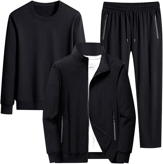 RLEHJN Tracksuit Mens Full Set UK Sale Clearance 3 Piece Solid Color Full Zip Jacket, Long Sleeve Crew Neck Sweatshirts and Trousers Bottoms Casual Jogging Gym Suit Jacket with Pockets M-8XL