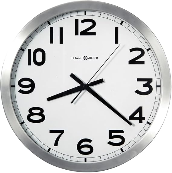 Howard Miller Spokane Wall Clock – Modern Silent Quartz, Aluminum Frame, White Dial, Large Black Arabic Numerals, Flat Glass Crystal – Decorative Clock for Office, Kitchen & Living Room