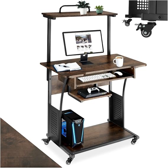 tectake® Mobile Computer Desk with 4 Swivel Castors & 4 Tiers, Compact Home Office Desk with Sturdy Steel Frame & Wooden Finish, Ideal as Living Room & Study Table, 80 x 65.5 x 130.5 cm - Dark Wood