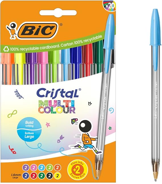 BIC Cristal Multicolour Ballpoint Pens Wide Point (1.6 mm) - Assorted Classic, Neon, and Fun Ink Colours, Pack of 20