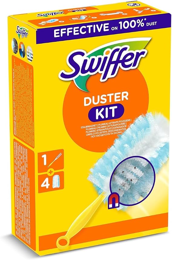 Swiffer Duster Starter Kit (1 handle and 4 refills), captures and locks in 3x more dust and hair compared to a traditional duster
