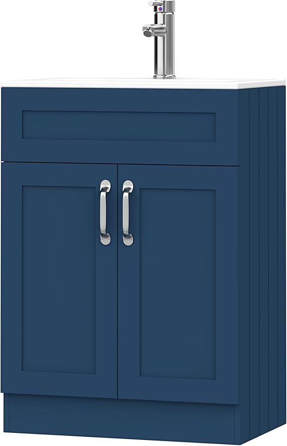 BELOFAY Vanity Unit With Basin | 600mm Floor Standing Bathroom Vanity Units With Basin | 1 Tap Hole Ceramic Bathroom Sink | Lacquered Finish | Waste Included (Crawley Blue)
