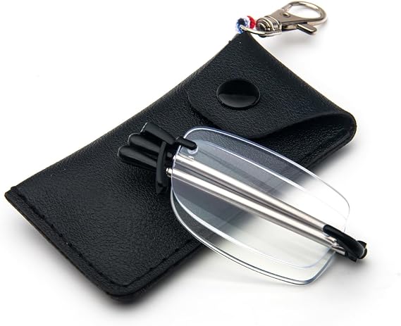 KoKoBin Folding Frameless Reading Glasses with Telescopic Rod and Leather Case Keychain Portable Blue Light Blocking Reader for Men and Women